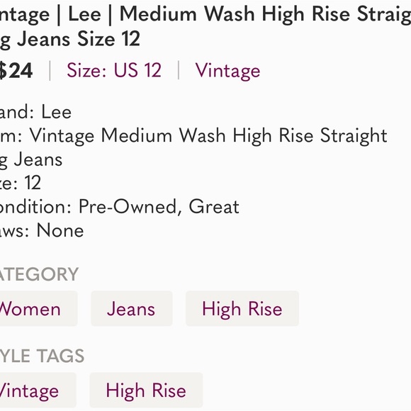 Vintage | Lee | Medium Wash High Rise Straight Leg Jeans Size 12 - Picture 12 of 12